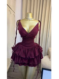 V-Neck Ruched Tiered Ruffle Mini Dress