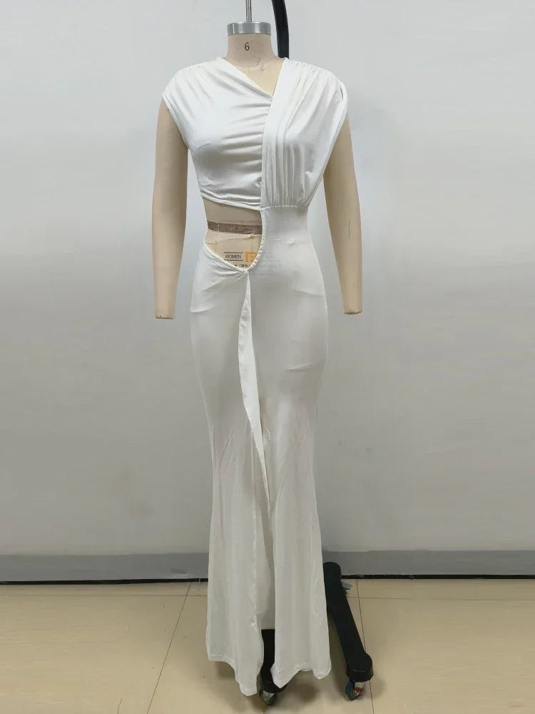White Asymmetrical Ruched Bodycon Maxi Dress