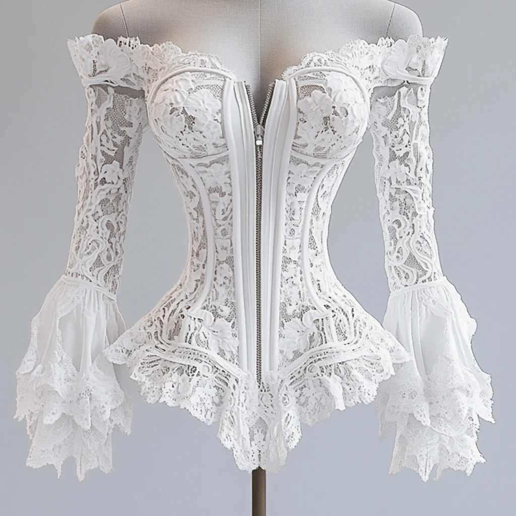 Women’s Off-Shoulder Lace Blouse – Flare Sleeve Hollow-Out Irregular Hem Top