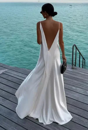 White Satin Backless Slit Maxi Dress