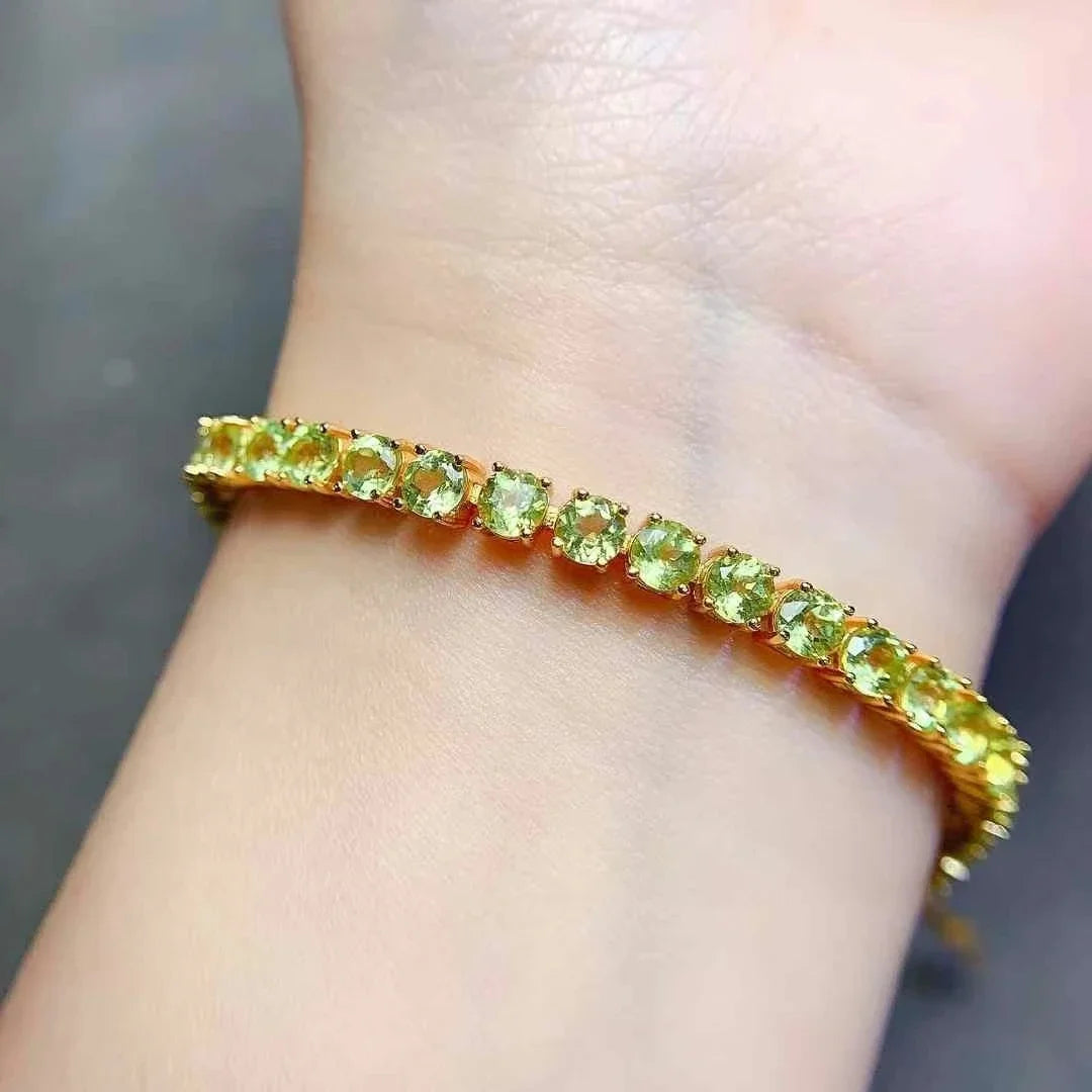 Classic 925 Silver Gemstone Bracelet 26 Pieces 4mm Natural Peridot Bracelet 18K Gold Plated Peridot Silver Jewelry