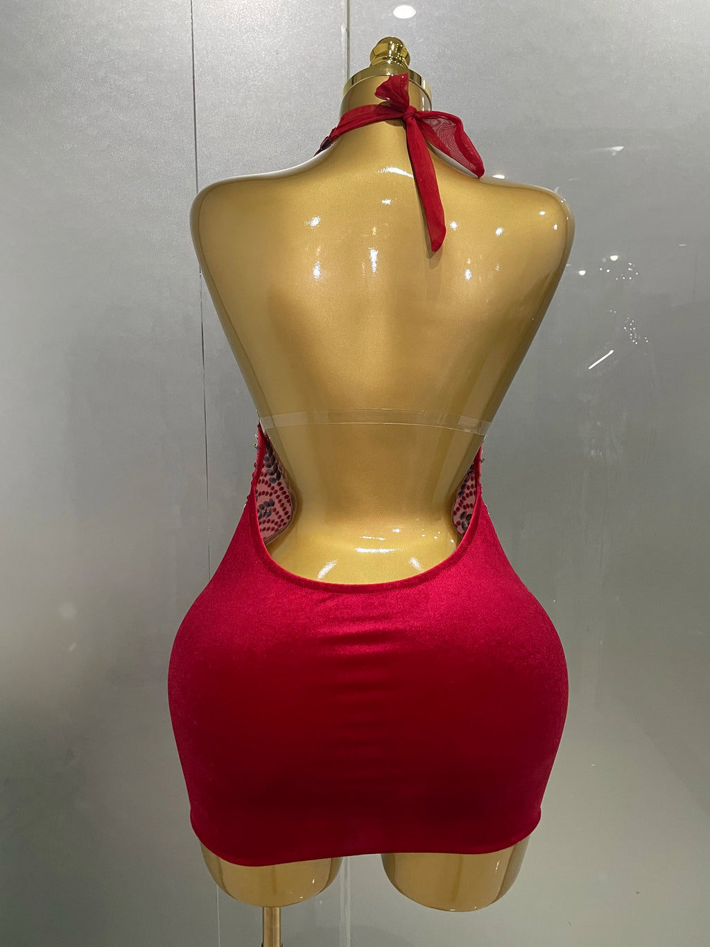 Sexy Red Rhinestone Halter Backless Velour Mini Dress – Women’s Party & Stagewear