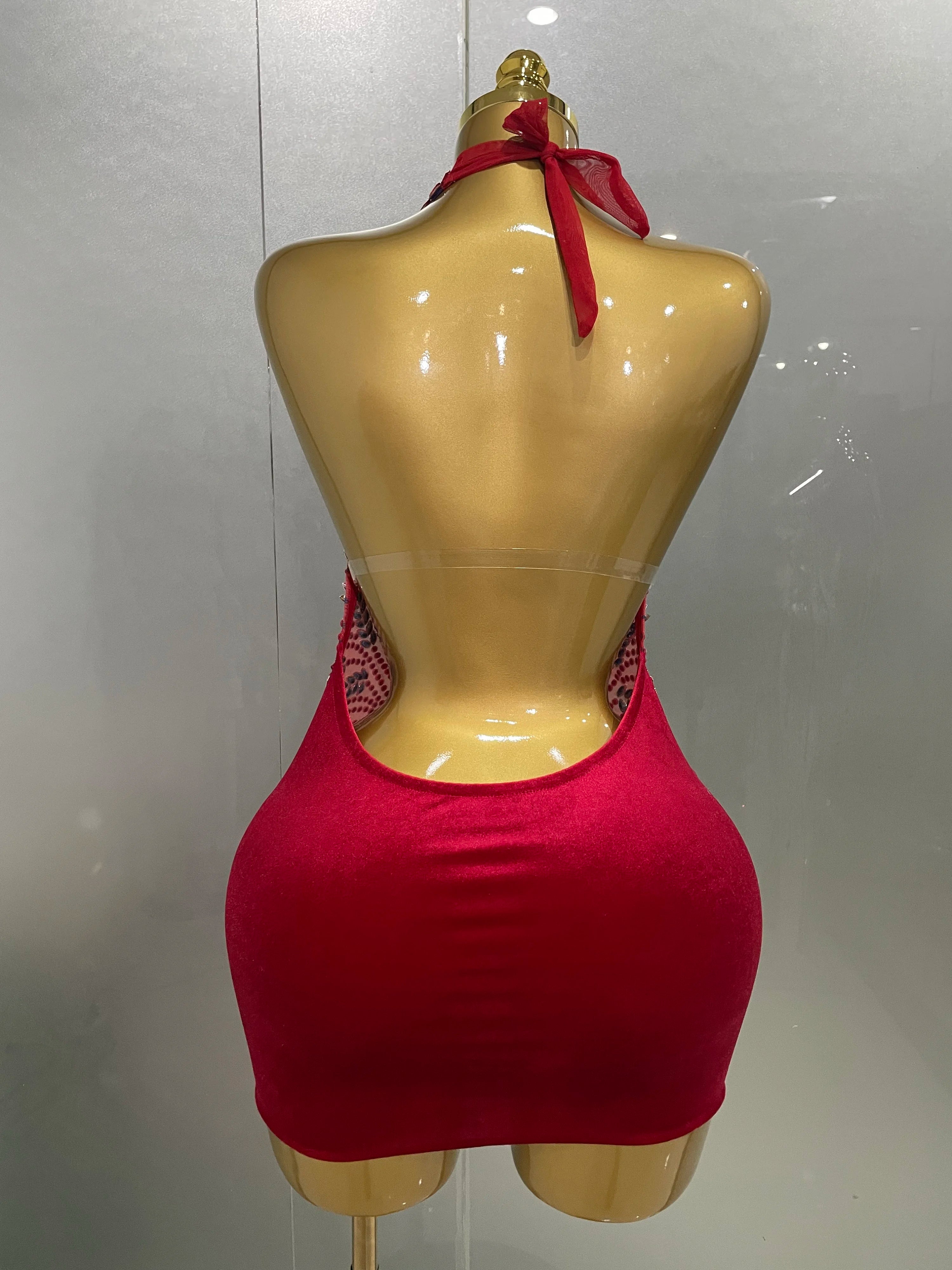 Sexy Red Rhinestone Halter Backless Velour Mini Dress – Women’s Party & Stagewear