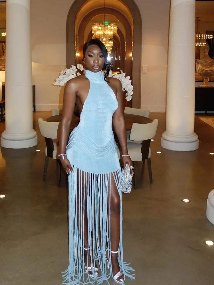 Velvet Halter Tassel Mini Dress