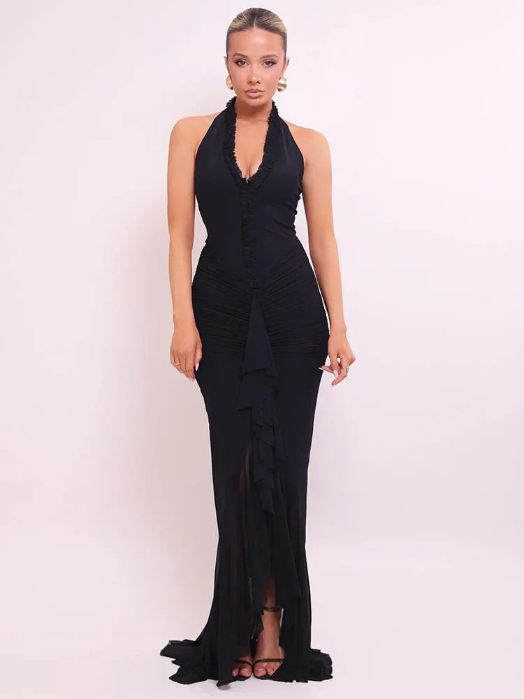Halter V-Neck Backless Maxi Dress
