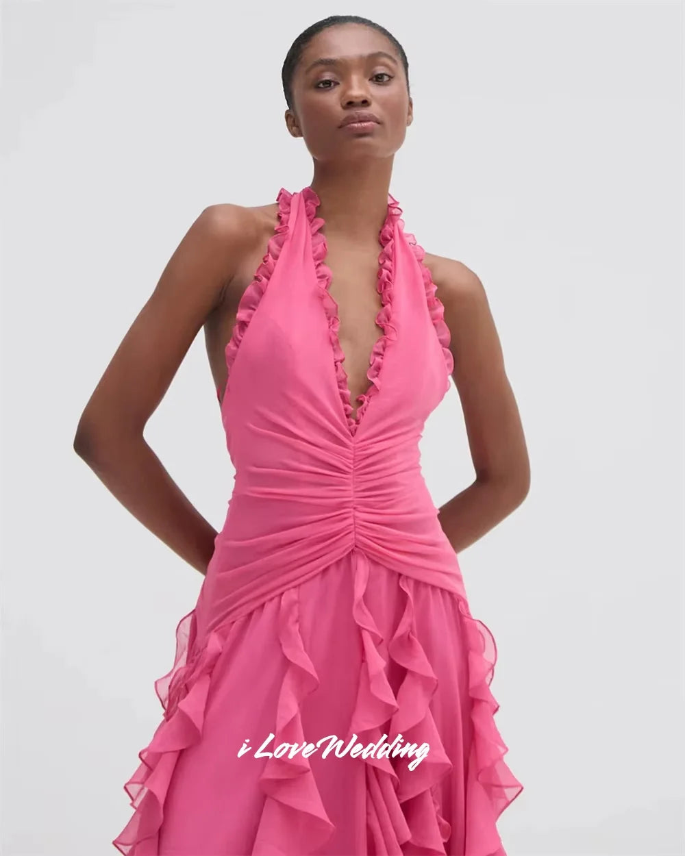 Pink Halter Chiffon Split Prom Dress