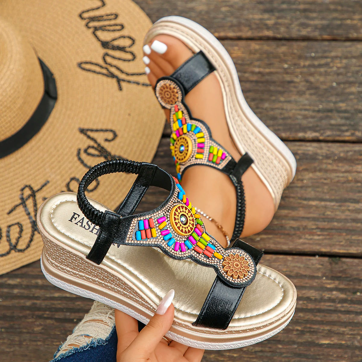 Ronbin Barde Bohemian Bead Wedge Summer Sandals