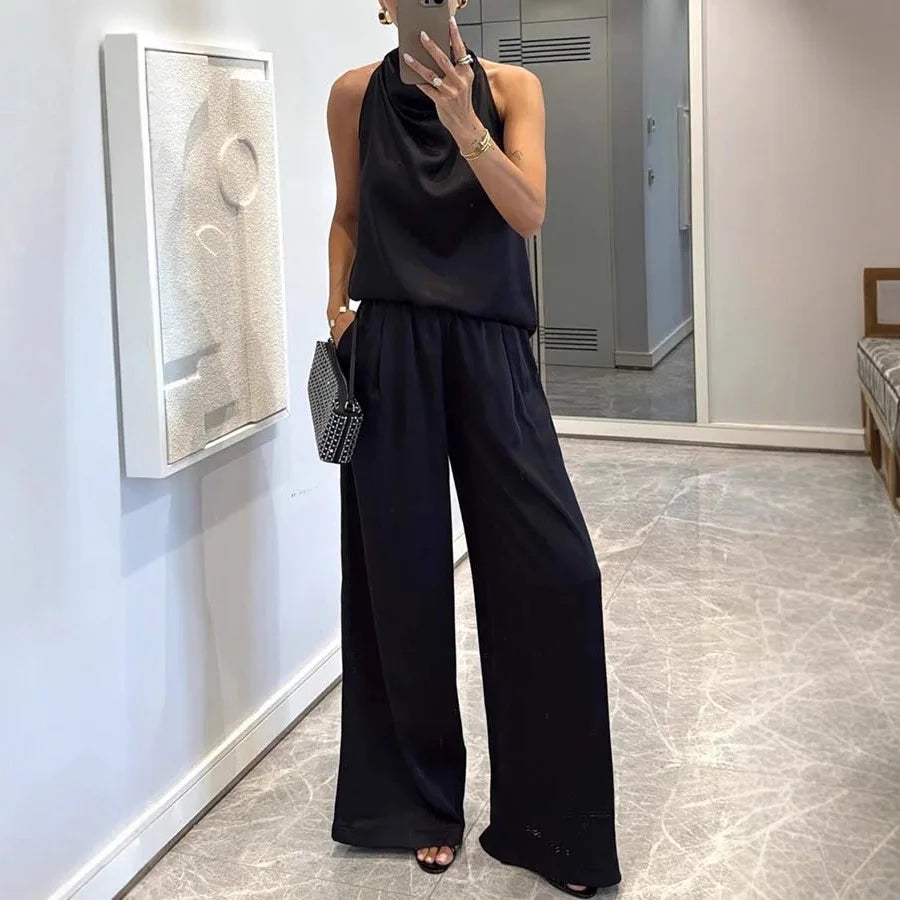 Elegant Sleeveless Satin Trousers Set
