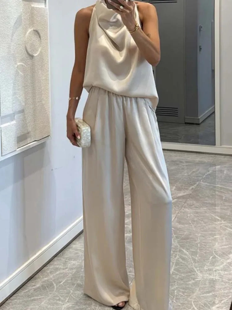 Elegant Sleeveless Satin Trousers Set