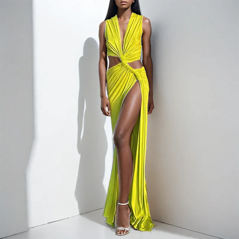 Hollow Out Split V-Neck Midi Dress