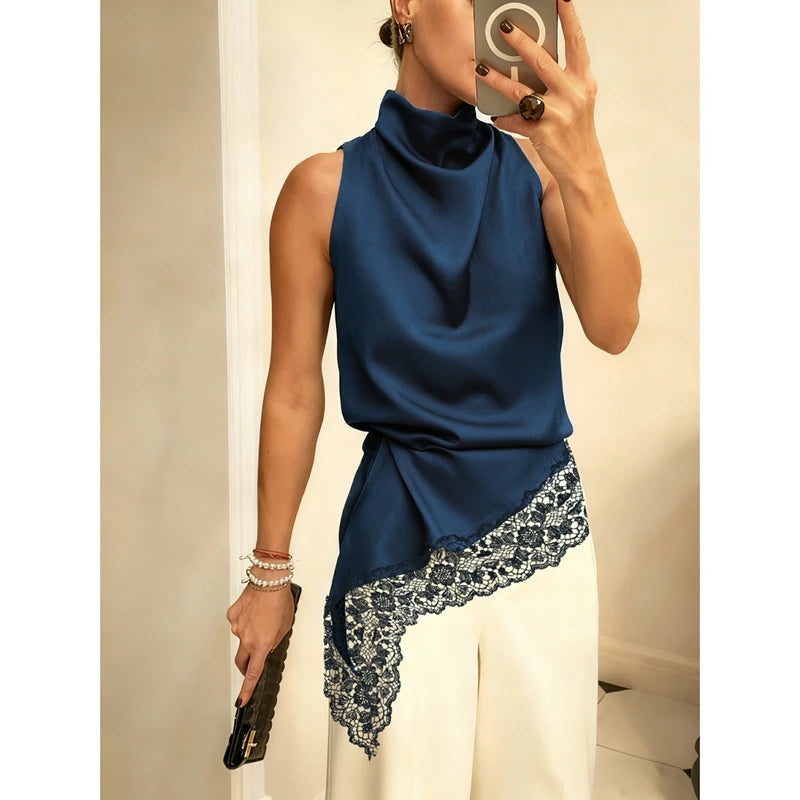 Lace Trim Satin High Low Vest Top