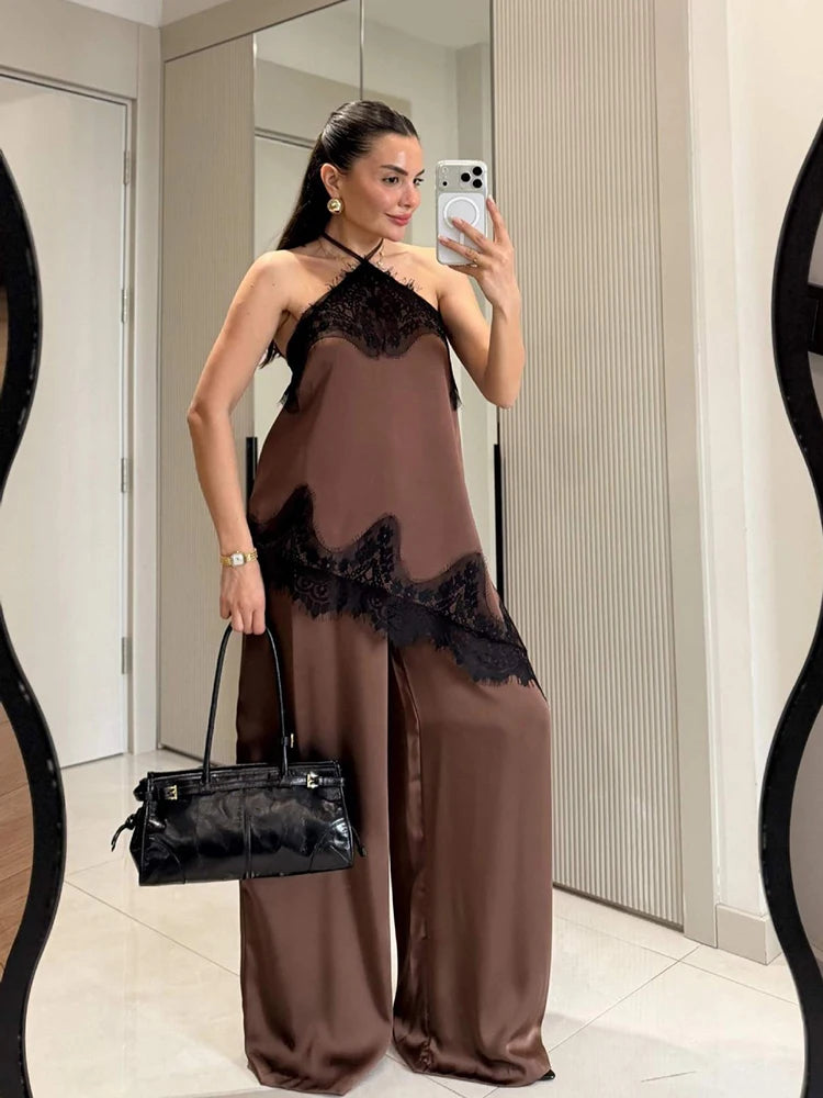 2-Piece Satin Halter Set: Asymmetric Lace Top & Wide-Leg Pants