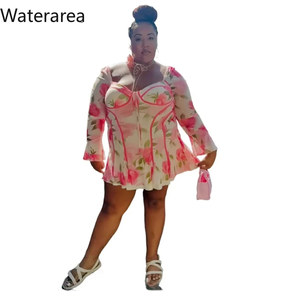 Floral Flare Sleeve Plunging V-Neck Dress
