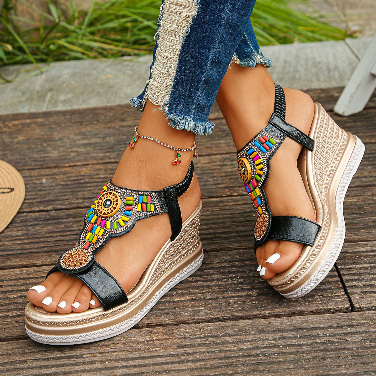 Ronbin Barde Bohemian Bead Wedge Summer Sandals
