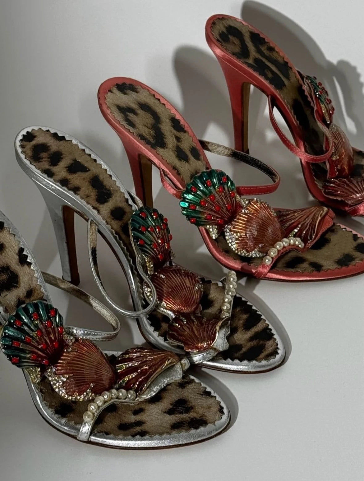 Leopard Pearl Shell Double Strap Sandals