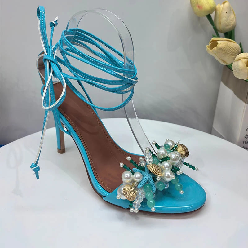 Starfish & Pearl Beaded Lace-Up Sandals