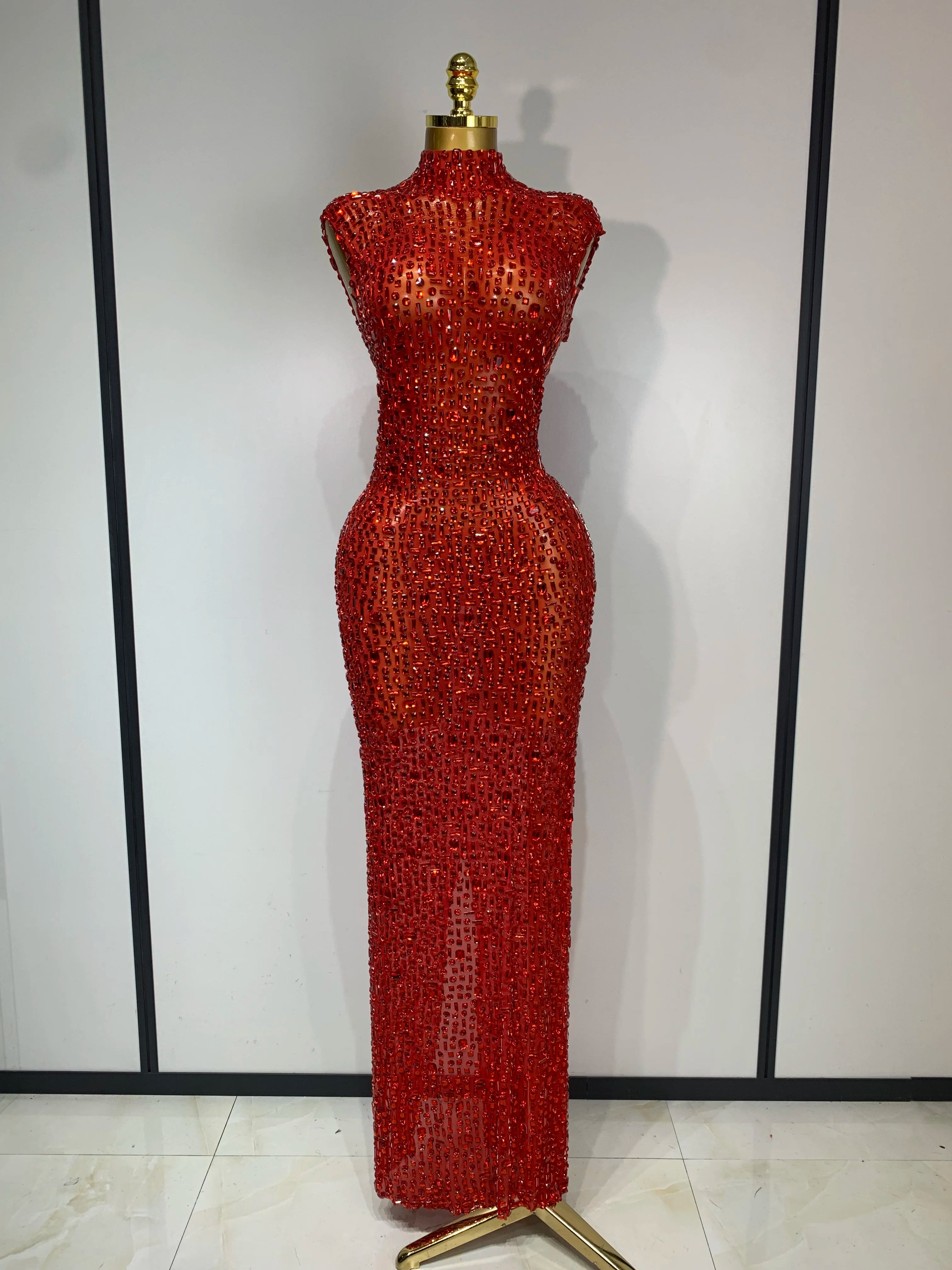 Sparkly Gold Rhinestone Sleeveless Mesh Long Dress