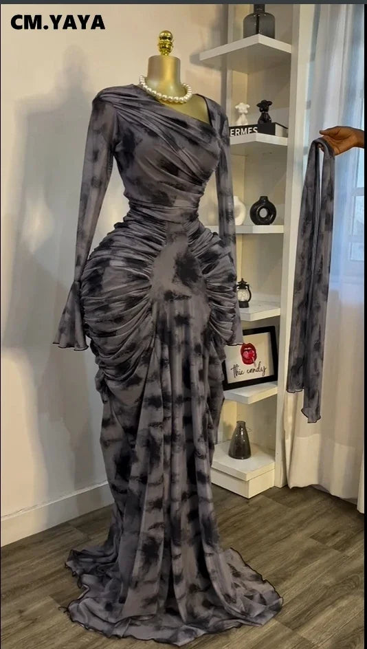 Tie-Dye Skew Neck Flare Sleeve Maxi Dress
