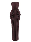 Sexy Strapless Ruched Brown Maxi Dress
