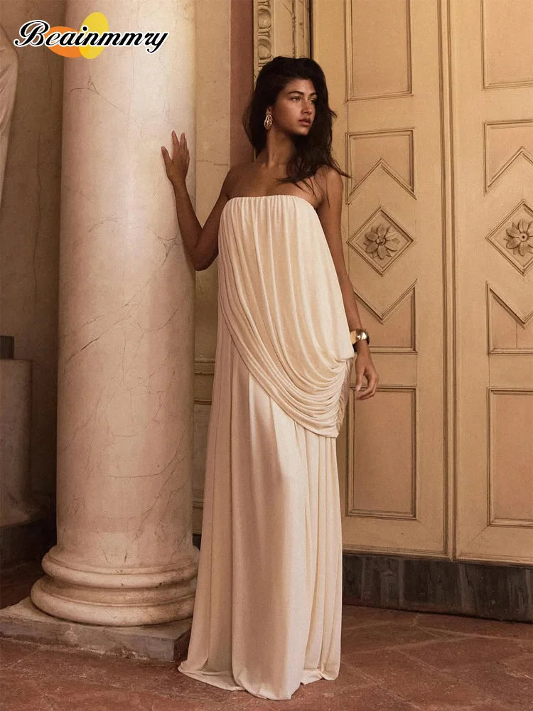 Elegant Yellow Strapless Pleated Maxi Dress