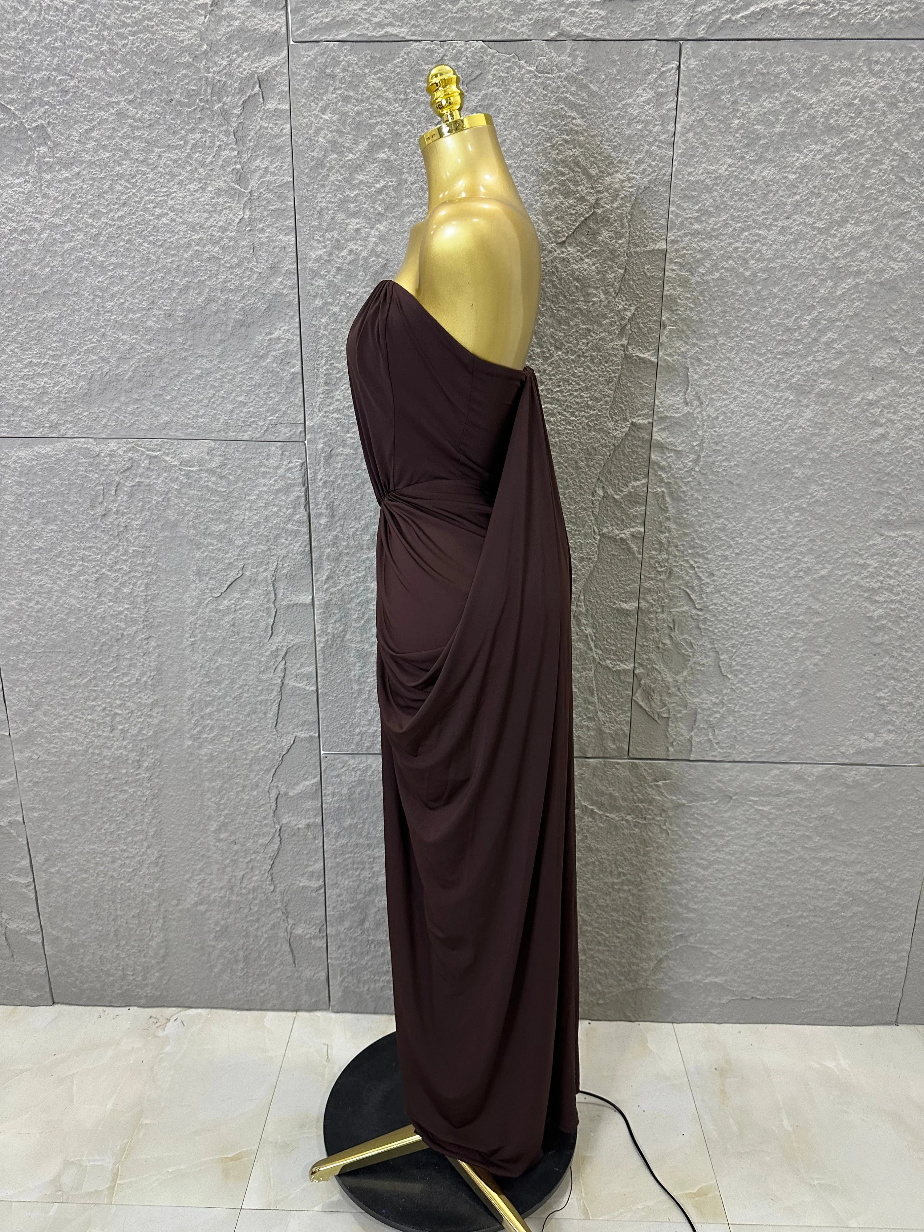 Elegant Brown Strapless Ruched Maxi Dress