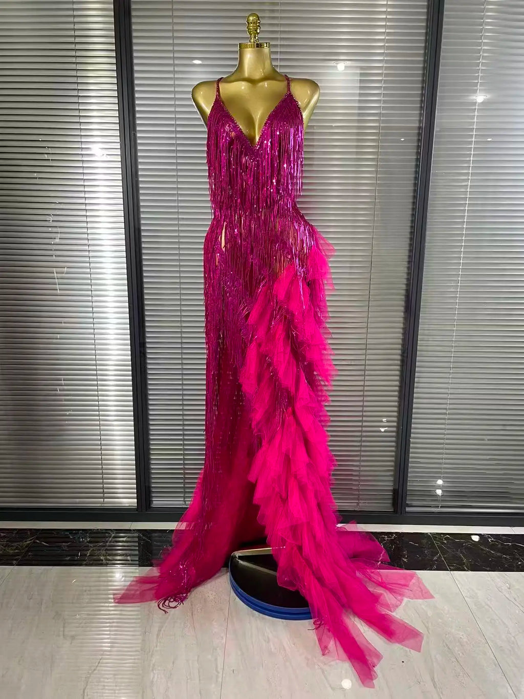 Sparkly Rhinestone Tassel Sheer V-Neck Dress – Sexy Party & Stagewear