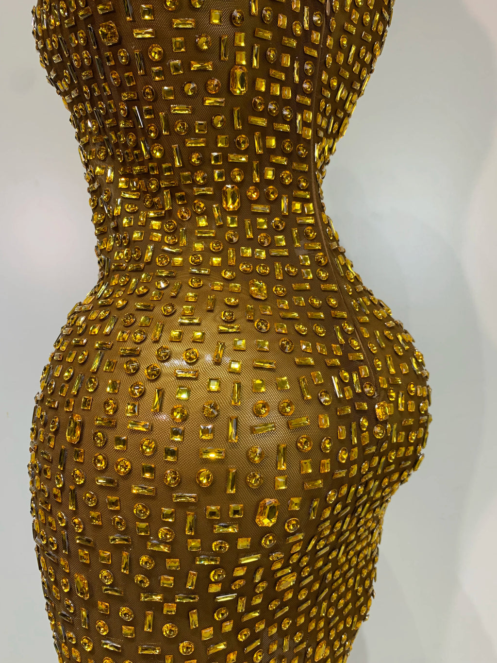 Sparkly Gold Rhinestone Sleeveless Mesh Long Dress