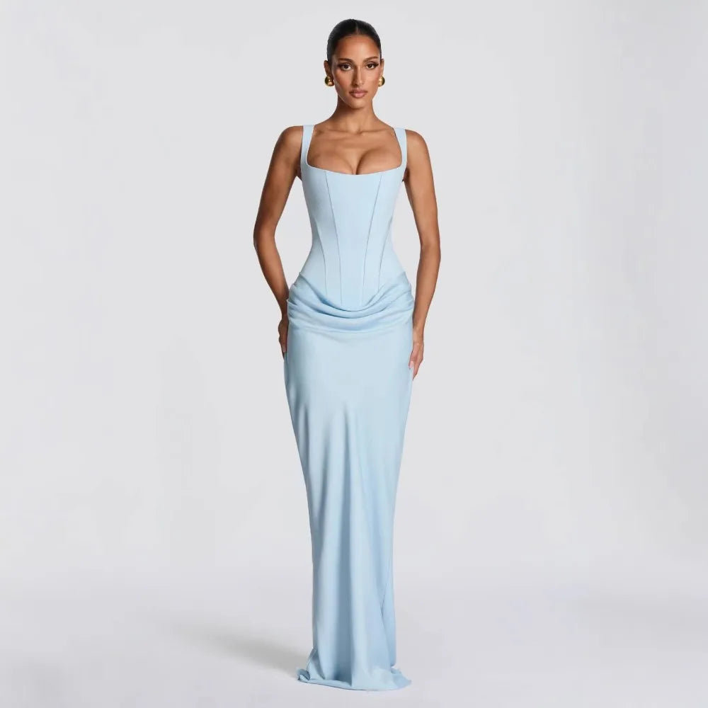 Square Neck Pleated Fishtail Maxi Dress