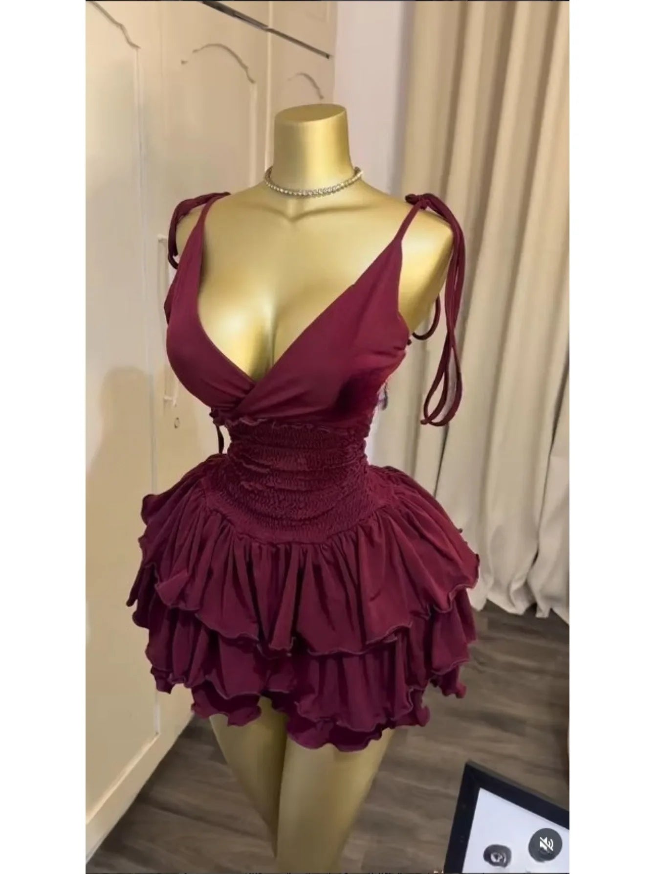 V-Neck Ruched Tiered Ruffle Mini Dress