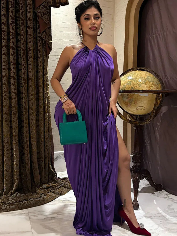 Weird Puss Elegant Ruched Halter Maxi Dress