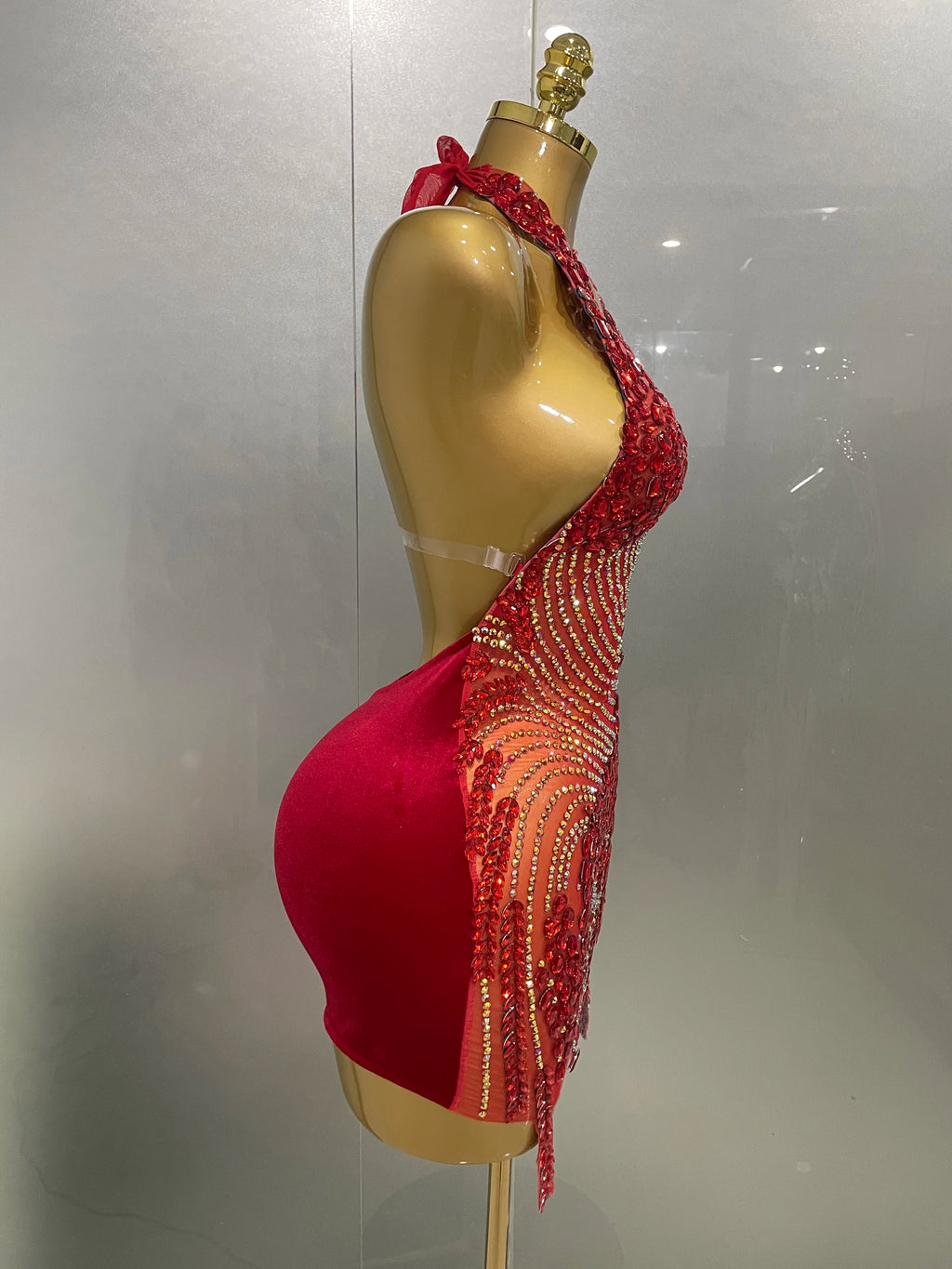 Sexy Red Rhinestone Halter Backless Velour Mini Dress – Women’s Party & Stagewear
