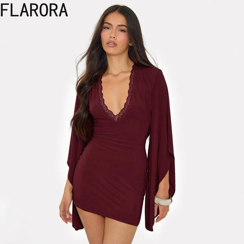 Elegant V-Neck Lace Flare Sleeve Mini Dress