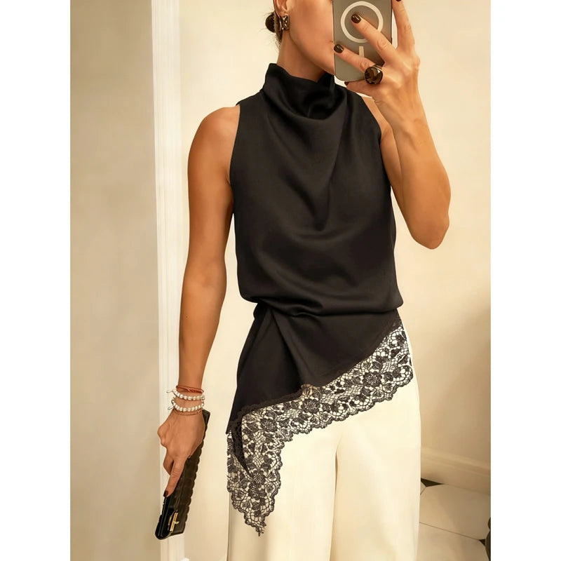 Lace Trim Satin High Low Vest Top