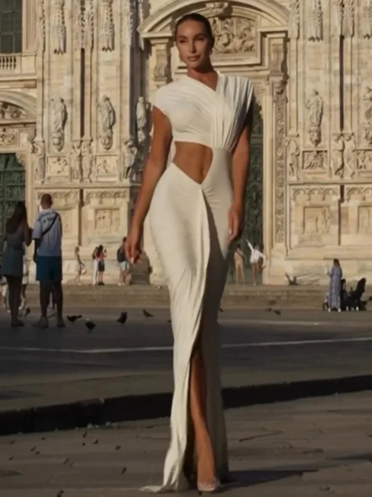 White Asymmetrical Ruched Bodycon Maxi Dress