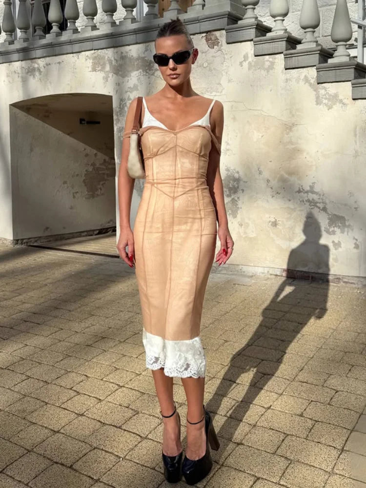 Sexy Sheer Mesh Overlay Midi Dress