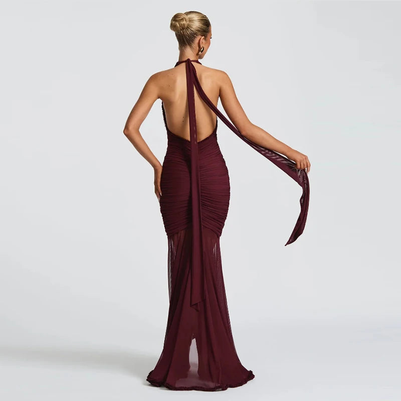Ruched Mesh Halter Mermaid Maxi Dress