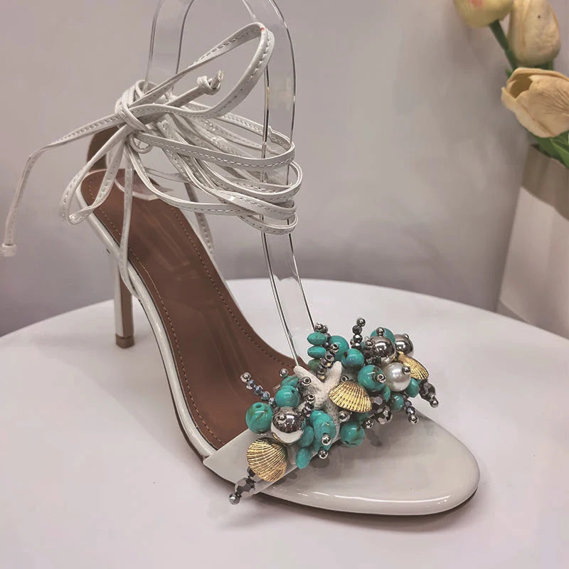 Starfish & Pearl Beaded Lace-Up Sandals