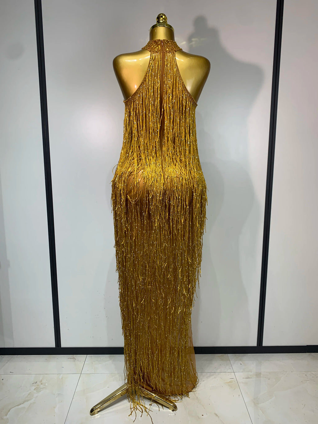 Sexy Gold Crystal Tassel Evening Prom Gown