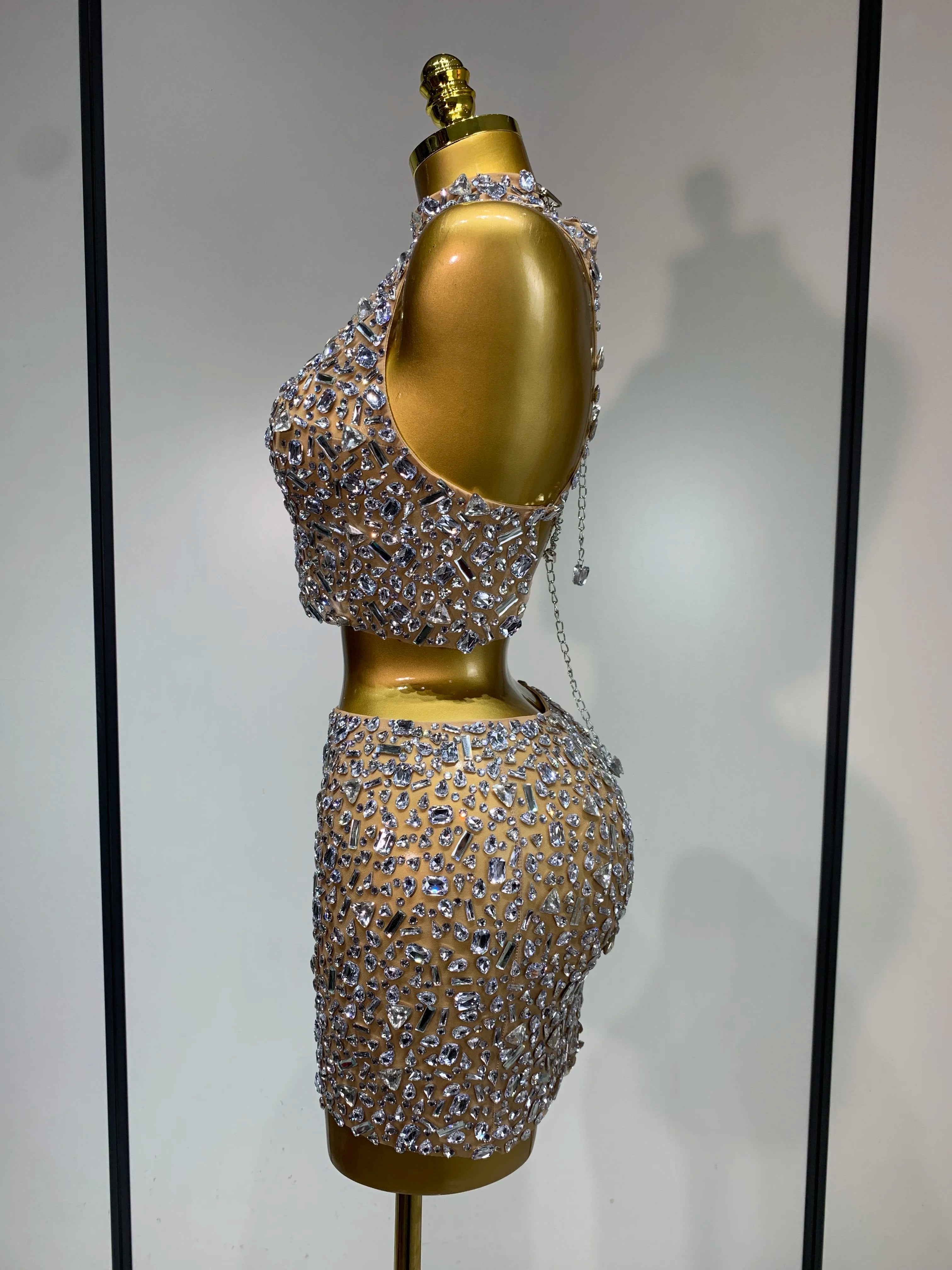 Sparkly Rhinestone Backless Top & Skirt Set