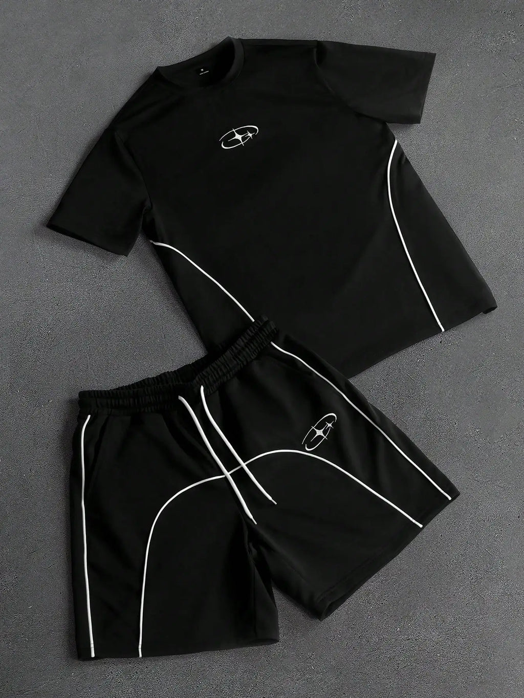 Men's Contrast Piping Graphic Print Shorts Set