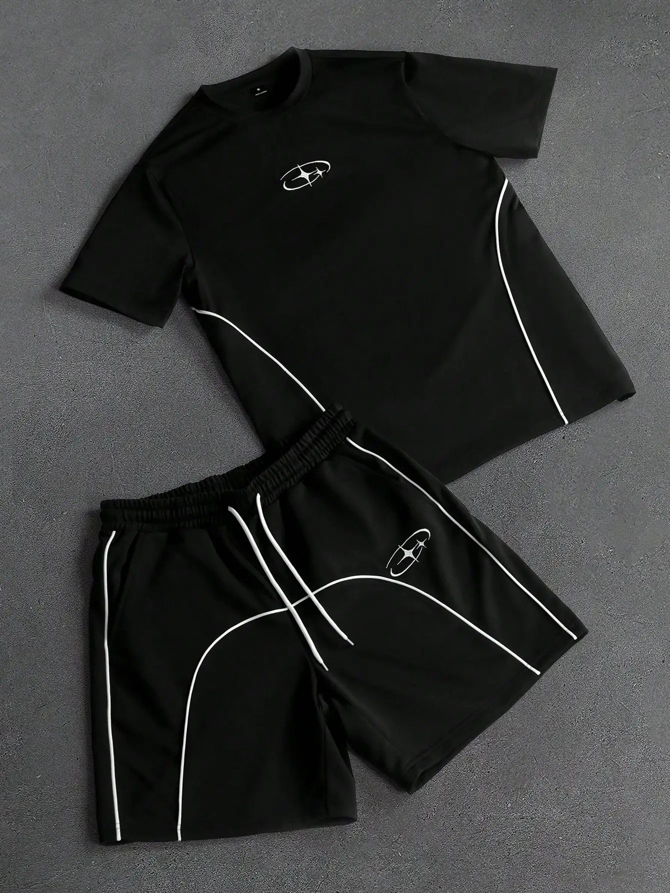 Men's Contrast Piping Graphic Print Shorts Set