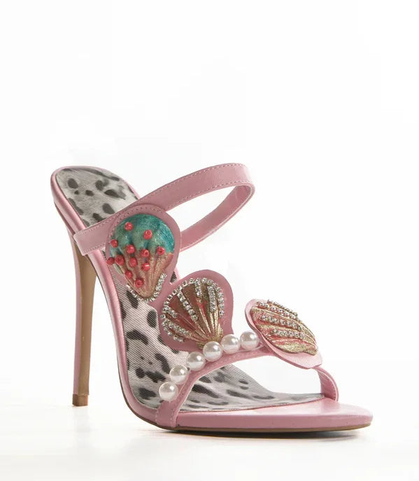 Leopard Pearl Shell Double Strap Sandals