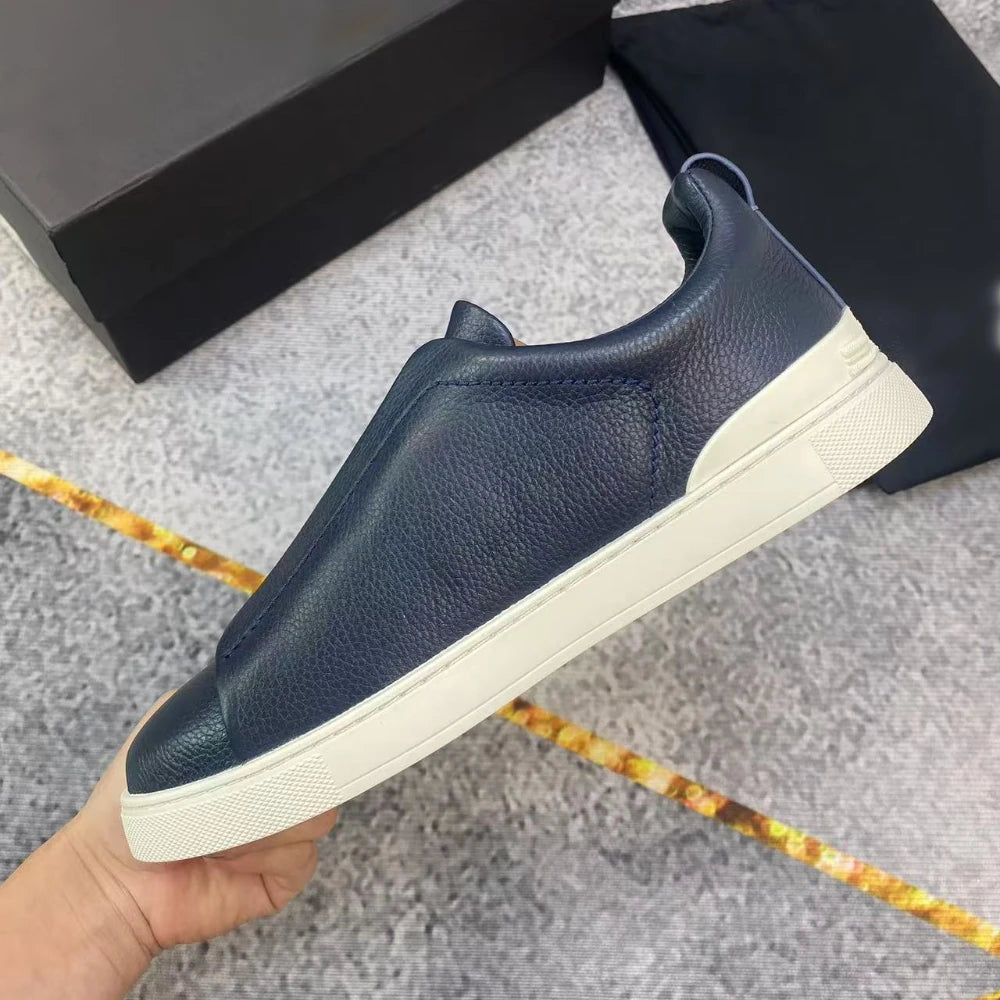 Luxury Leather Men’s Casual Sneakers – Beige Low-Top Loafers