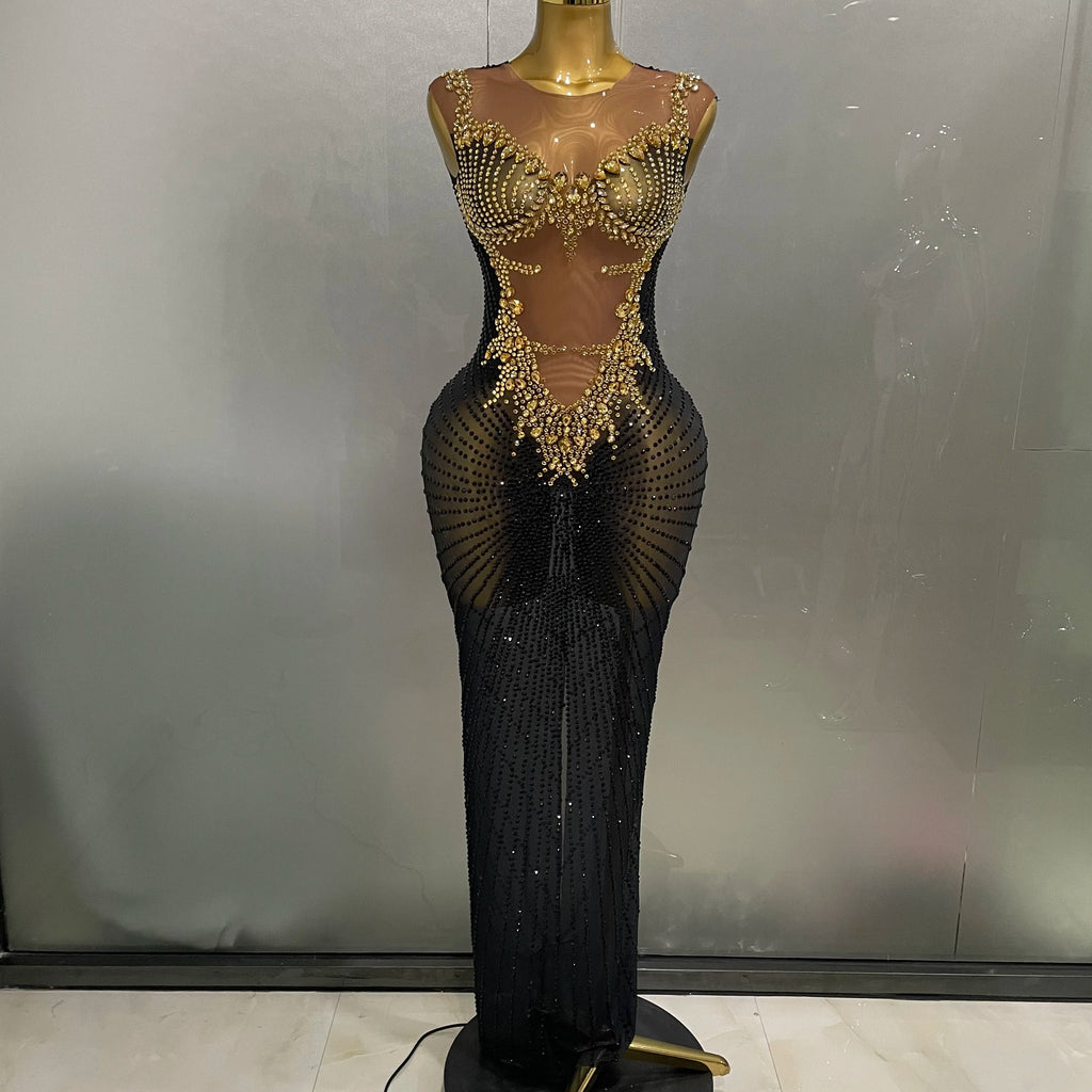 Stock Sparkly Rhinestone Sleeveless Sheer Long Dress – Women’s Party & Stagewear