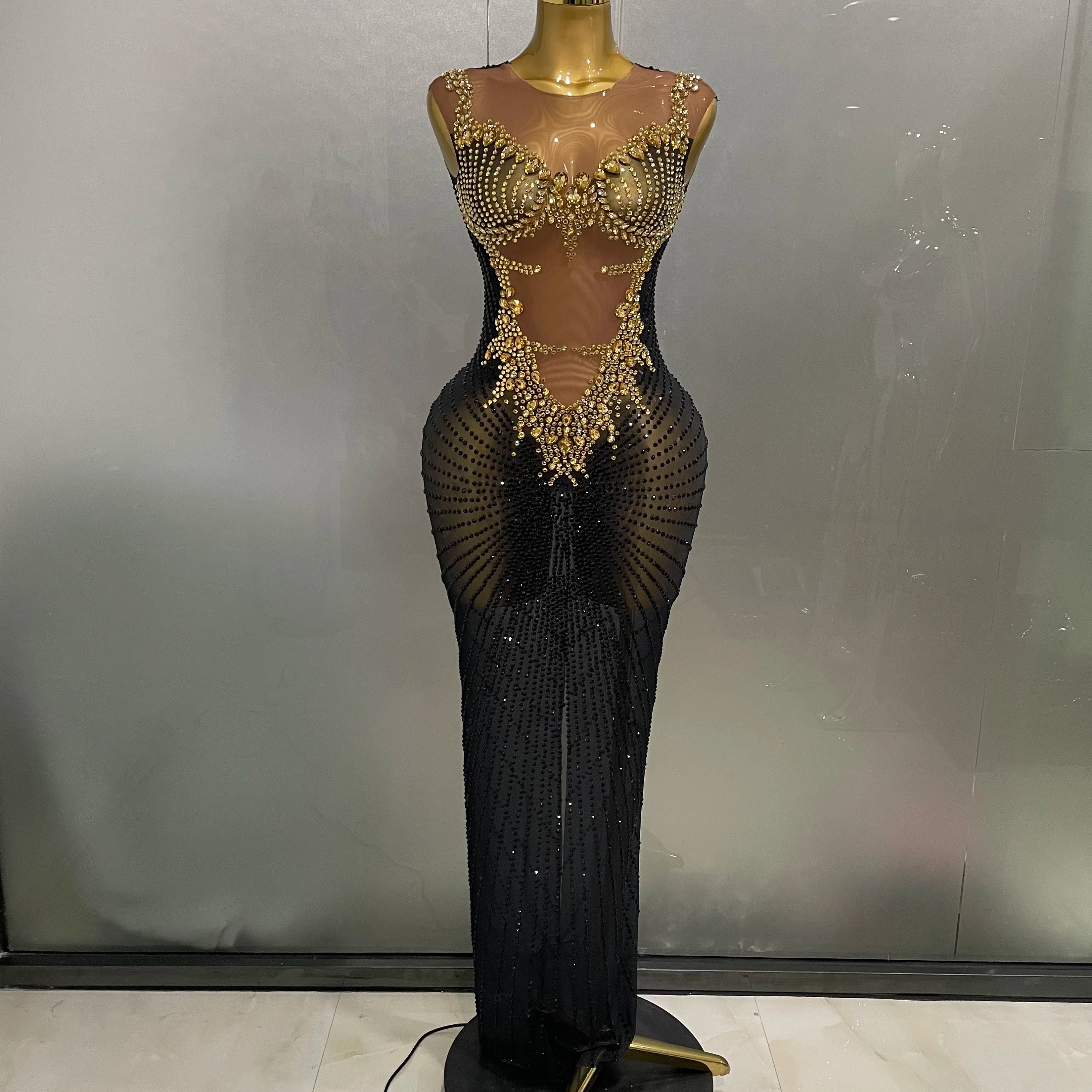 Stock Sparkly Rhinestone Sleeveless Sheer Long Dress – Women’s Party & Stagewear