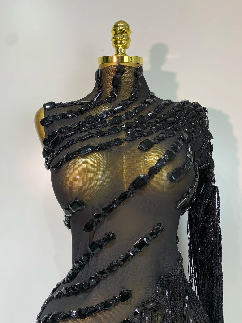 Sparkly One-Shoulder Rhinestone Tassel Mesh Dress