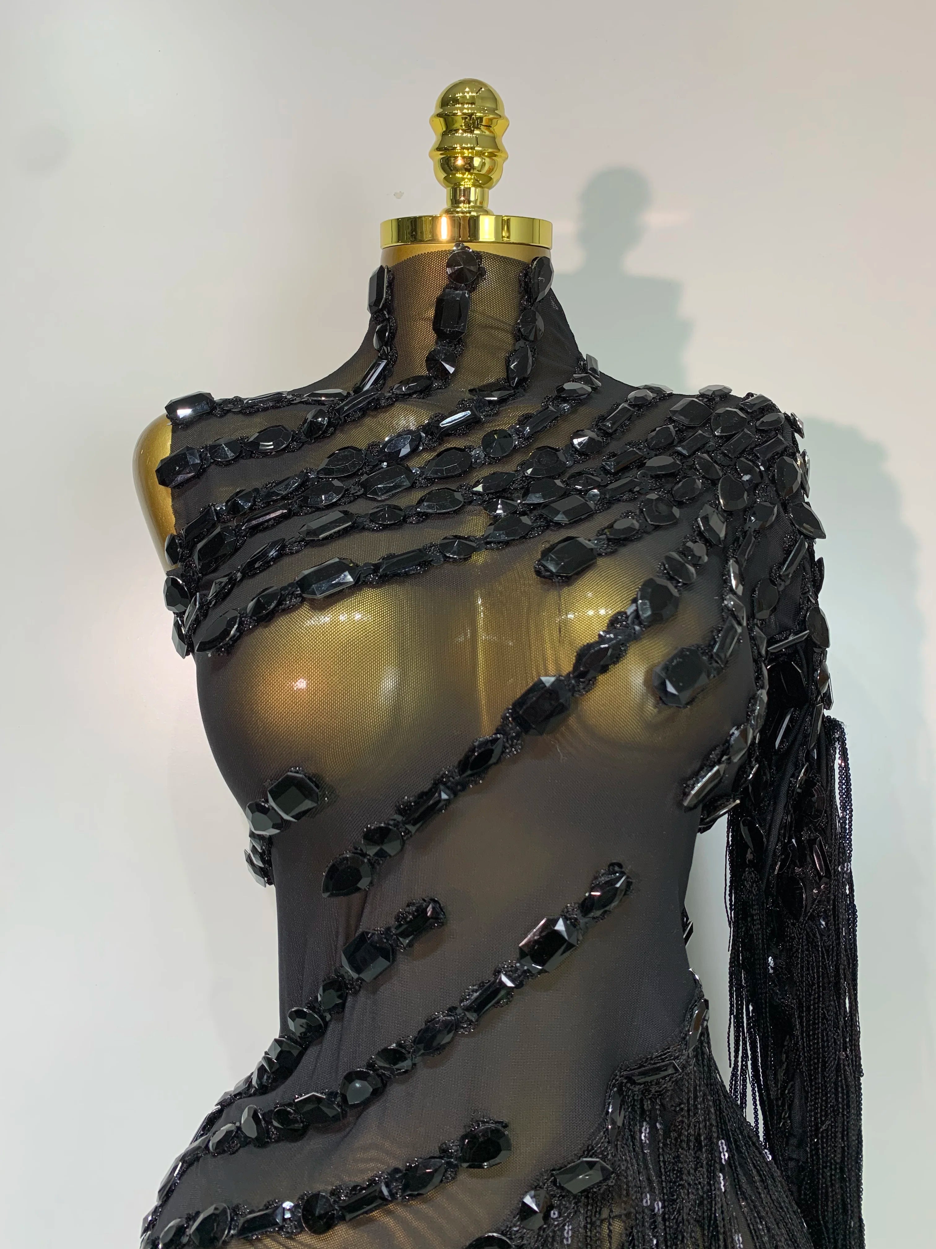 Sparkly One-Shoulder Rhinestone Tassel Mesh Dress