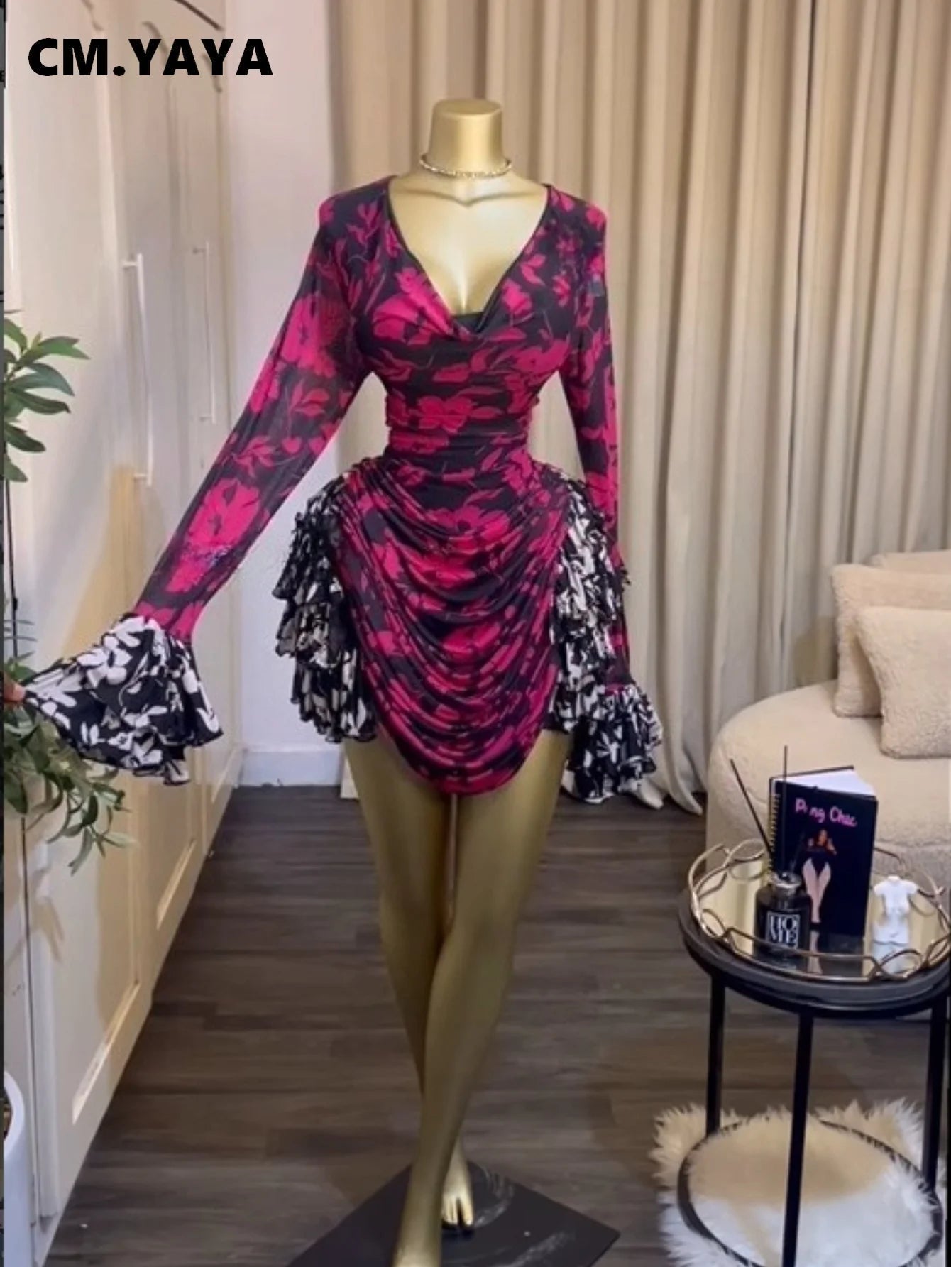 Women's Floral Ruffle Bell Sleeve Mini Dress