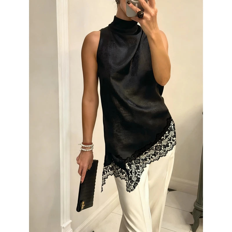 Lace Trim Satin High Low Vest Top
