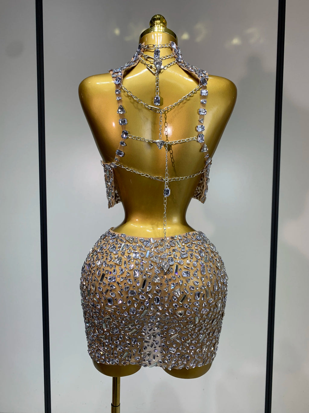 Sparkly Rhinestone Backless Top & Skirt Set
